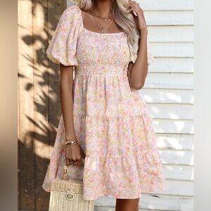 SHEIN Privé Allover Floral Print Shirred Puff Sleeve Ruffle Hem Dress